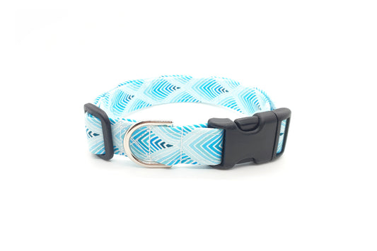 Teal Blue Geometric Feather Pattern Dog Collar - Handmade by Kira's Pet Shop