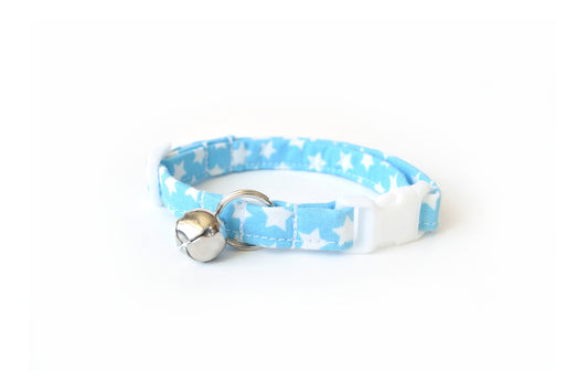 Blue Cat Collar - Sky Blue with White Stars - Breakaway Cat Collar - Handmade by Kira's Pet Shop