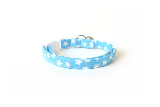 Blue Cat Collar - Sky Blue with White Stars - Breakaway Cat Collar - Handmade by Kira's Pet Shop