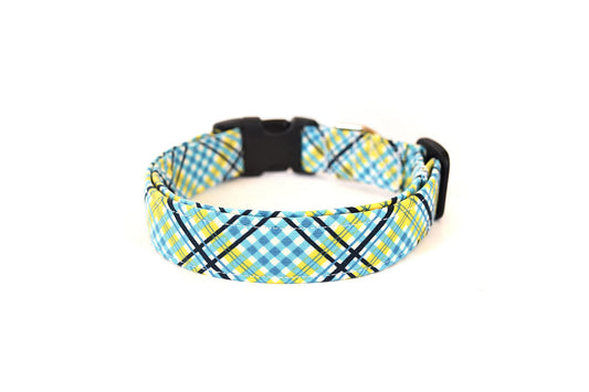 Teal Blue, Yellow & Black Plaid Dog Collar - Handmade by Kira's Pet Shop