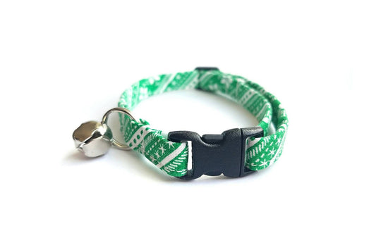 Green Nordic Stripe Winter Cat Collar - Christmas Cat Collar - Breakaway Cat Collar - Handmade by Kira's Pet Shop