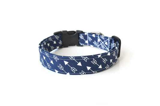 Navy Blue & White Arrows Dog Collar - Handmade by Kira's Pet Shop