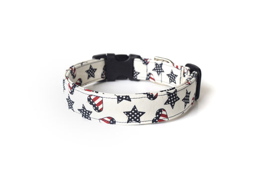 Patriotic American Hearts & Stars Dog Collar - Handmade by Kira's Pet Shop