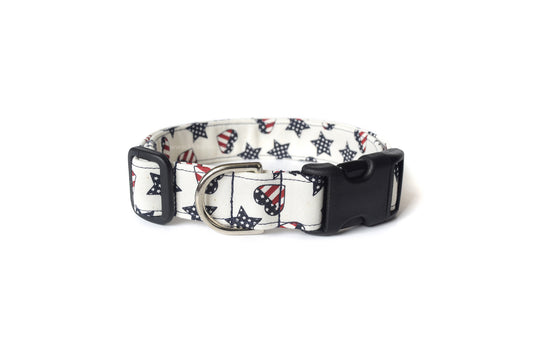 Patriotic American Hearts & Stars Dog Collar - Handmade by Kira's Pet Shop