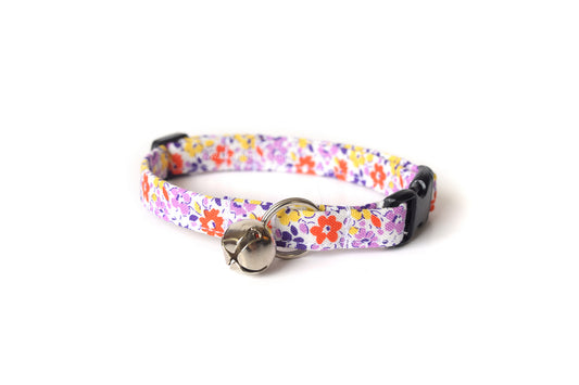 Purple Floral Cat Collar - Purple, Orange & Yellow Flowers - Breakaway Cat Collar - Handmade by Kira's Pet Shop