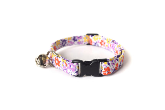 Purple Floral Cat Collar - Purple, Orange & Yellow Flowers - Breakaway Cat Collar - Handmade by Kira's Pet Shop