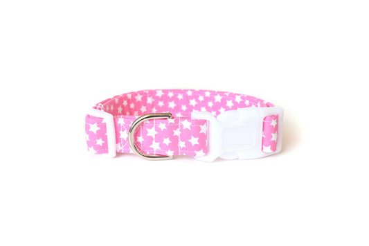 Pink & White Stars Dog Collar - Handmade by Kira's Pet Shop