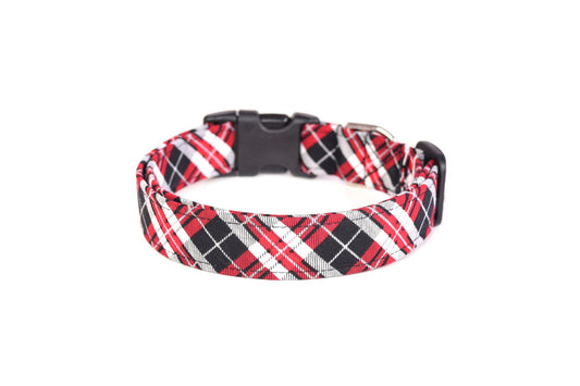 Red, Black & White Tartan Plaid Dog Collar - Handmade by Kira's Pet Shop