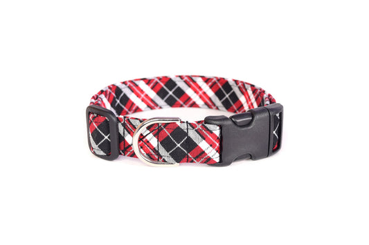 Red, Black & White Tartan Plaid Dog Collar - Handmade by Kira's Pet Shop