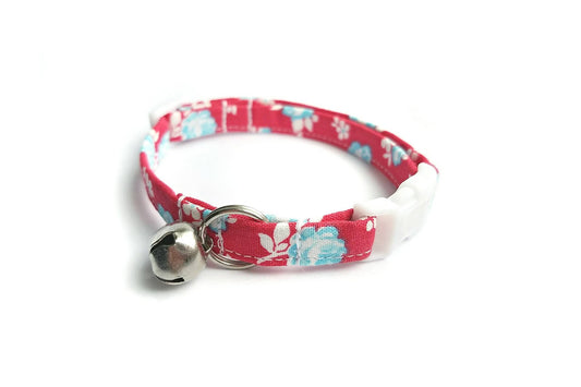 Red Floral Cat Collar - Red with Blue Flowers - Breakaway Cat Collar - Handmade by Kira's Pet Shop