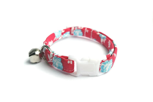 Red Floral Cat Collar - Red with Blue Flowers - Breakaway Cat Collar - Handmade by Kira's Pet Shop