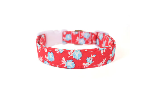 Red & Blue Floral Dog Collar - Handmade by Kira's Pet Shop