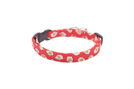 Egg Cat Collar - Red with Fried Eggs - Funny Food Pattern Breakaway Cat Collar - Handmade by Kira's Pet Shop