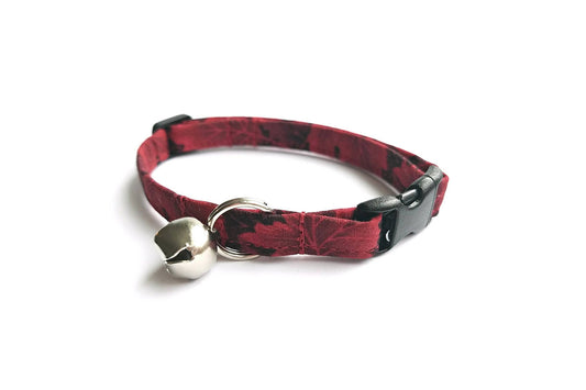 Red Maple Leaves Cat Collar - Breakaway Cat Collar - Handmade by Kira's Pet Shop