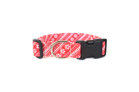 Red Nordic Stripes Winter Dog Collar - Handmade by Kira's Pet Shop