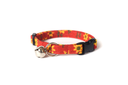 Red Sunflower Cat Collar - Floral Breakaway Cat Collar - Handmade by Kira's Pet Shop