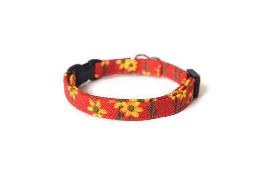 Red Sunflower Cat Collar - Floral Breakaway Cat Collar - Handmade by Kira's Pet Shop