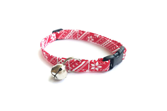 Red Nordic Stripe Winter Cat Collar - Christmas Cat Collar - Breakaway Cat Collar - Handmade by Kira's Pet Shop