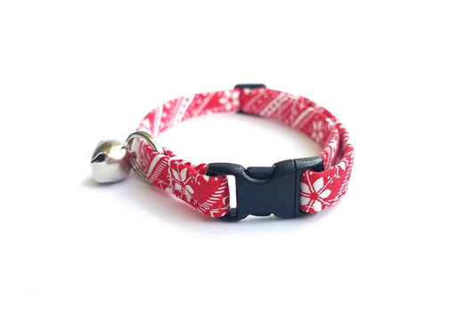 Red Nordic Stripe Winter Cat Collar - Christmas Cat Collar - Breakaway Cat Collar - Handmade by Kira's Pet Shop