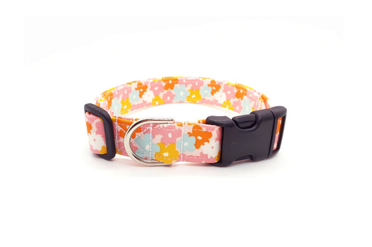 Retro 70s Floral Pink Dog Collar - Handmade by Kira's Pet Shop