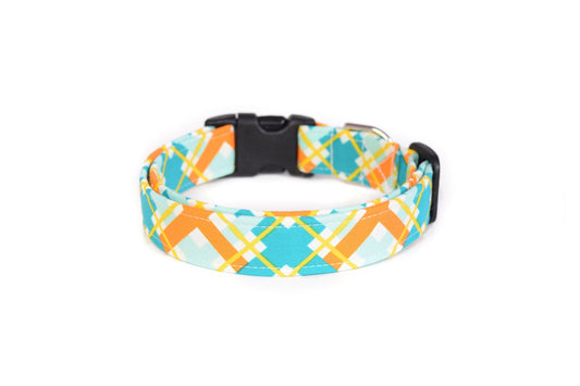 Teal Blue & Orange Plaid Dog Collar - Handmade by Kira's Pet Shop