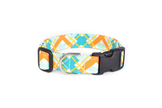 Teal Blue & Orange Plaid Dog Collar - Handmade by Kira's Pet Shop