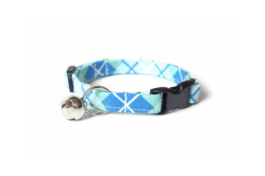 Sky Blue Plaid Cat Collar - Teal Blue Plaid Breakaway Cat Collar - Handmade by Kira's Pet Shop